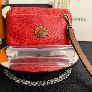 GUC Dooney & Bourke Red Leather Wristlet with Brown Strap
